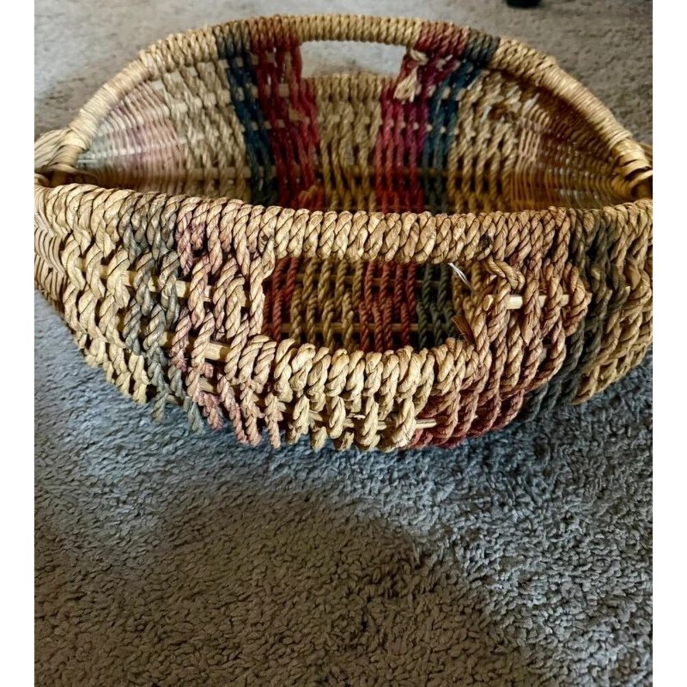 Vintage Woven Seagrass / Rattan Basket with Cutout Handles Southwestern Style